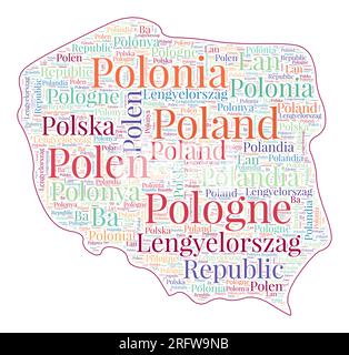 Poland shape filled with country name in many languages. Poland map in word cloud style. Authentic vector illustration. Stock Vector