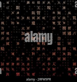 Letters Grid background. Random Characters of Chinese Traditional Alphabet. Gradiented matrix pattern. Peach color theme backgrounds. Stock Vector