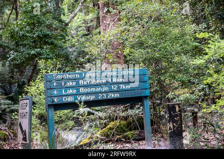 Fraser Island K'gari timber sign for directions to lakes on southern lakes scenic drive, Queensland,Australia Stock Photo