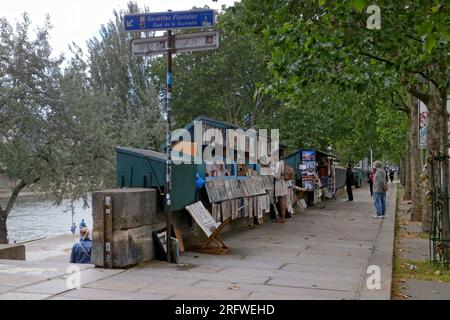 Paris, France - May 29 2018: Kiosks of antique book sellers along the banks of the Seine near Notre Dame. Stock Photo