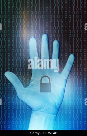 hand with a lock and binary backdrop, secure internet and cybersecurity concept Stock Photo