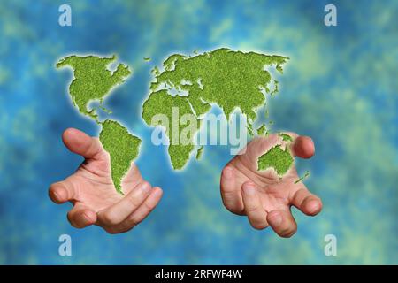 green world map, global green transition concept and earth day Stock Photo