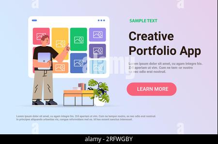 man using creative portfolio app on computer screen visual design projects concept horizontal copy space Stock Vector