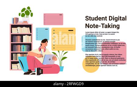student with pencil using laptop to take digital notes online education e-learning concept horizontal Stock Vector