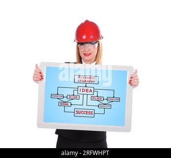 engineer woman holding screen with business plan Stock Photo