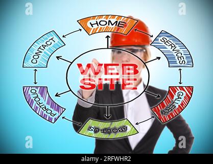 engineer woman drawing website concept on blue background Stock Photo