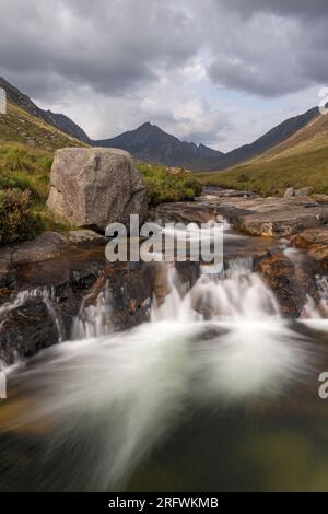 Glen Rosa waterfalls with the peak of Cir Mhor in the distance, Isle of ...
