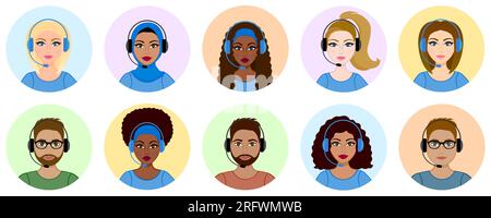 Set of customer support worker avatars. Call center operator icon. Racial diversity. Telemarketing. Headphones Stock Vector