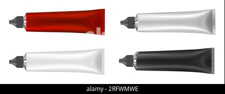 Black, red, silver and white metal tubes. Cream or toothpaste tube. Ointment. Salve. Glue tube. Oil paint. Stock Vector