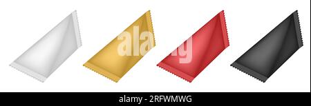 Tetrahedral packaging set. Triangular cardboard package for beverage, juice and milk. White, gold, red and black packing. Stock Vector