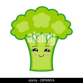 Vector illustration of a cartoon broccoli. Kawaii cabbage. Vegan food. Smiling character. Green Stock Vector