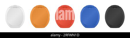 Laundry pods jar. Laundry detergent bottle. Set of white, orange, red, blue and black plastic containers. Stock Vector
