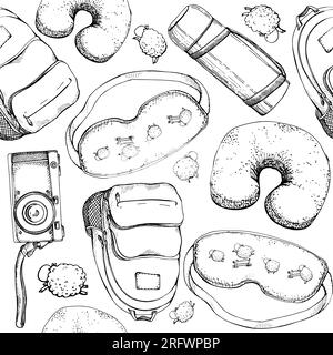 Ink hand drawn vector sketch. Seamless pattern. Backpack sleeping mask with sheep, pillow, old photo camera, vacuum flask. Design for tourism, travel Stock Vector
