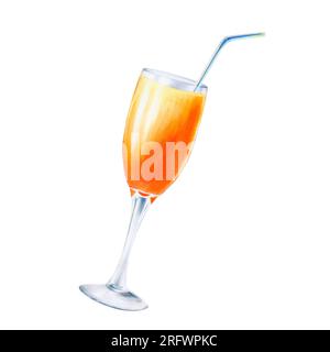 Watercolor illustration of glass goblet with orange cocktail with blue tube for drinks. Refreshing juice isolated on white background. For designers, Stock Photo