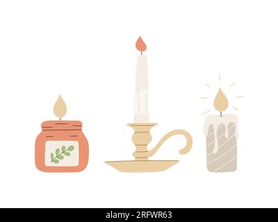 Burning wax candles in candle holder, jar. A symbol of coziness, religion, celebration, esotericism, spiritualism, studying. Flat cartoon color vector Stock Vector