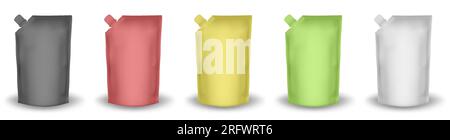 Set of doypack packaging with screw cap. Blank foil drink bags pouches with spout. Ketchup, mayonnaise or mustard. Stock Vector