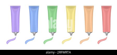 Rainbow palette of acrylic paint in metal tubes. Liquid watercolor. Oil paint or gouache. Paint smears. Tempera splash. Purple, blue, green, yellow, o Stock Vector