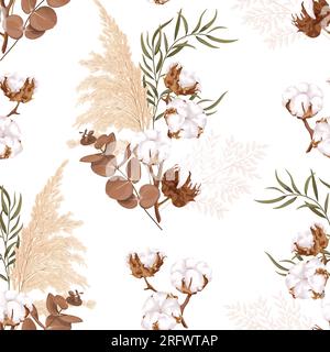 Boho, bohemian seamless floral pattern. Bouquet with cotton flowers, eucalyptus, reed and dry plants. Stock Vector