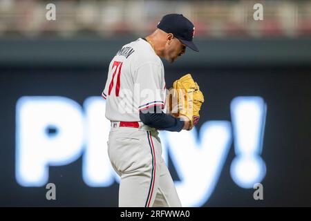 Minnesota Twins relief pitcher Jovani Moran (71) celebrates a team victory during a MLB regular season game between the Arizona Diamondbacks and Minne Stock Photo