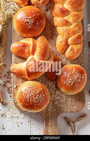 Multigrain and homemade loaf of breads made of sourdough. Multigrain bread. Stock Photo