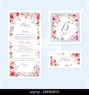 Watercolor floral wedding menu, table and escort cards with vintage flowers illustration. Stock Vector
