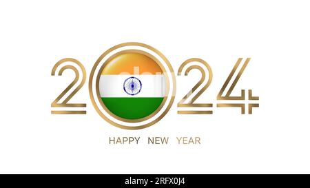 Happy New Year 2024 India with Indian Flag Stock Photo