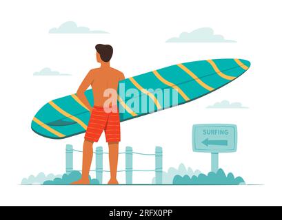 Man Holding a Surfboard and Standing at the Beach Stock Vector