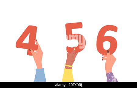Group of different female hands holding red numbers. Diverse multi-ethnic people are together. Vector hand drawn illustration in cartoon style Stock Vector