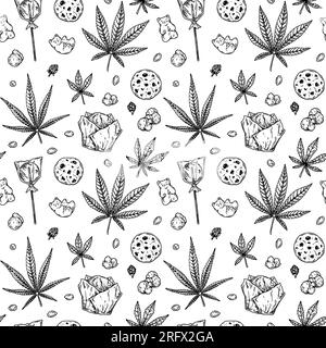 Cannabis products seamless pattern. Marijuana hand drawn vintage background. Vector illustration in sketch style. Weed engraving design Stock Vector