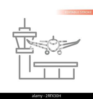 Terminal tower and airplane line vector icon. Airport outline symbol. Stock Vector