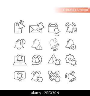 Bell warning and notification line vector icons. Alert, alarm and reminder bells outline icon set. Stock Vector