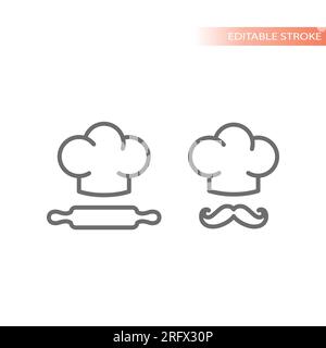 Chef cap, rolling pin and moustache line icon. Cooking hat, kitchen and restaurant outline icons. Stock Vector