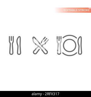 Fork and knife crossed and plate line icons. Outline meal or dish vector icon set. Stock Vector