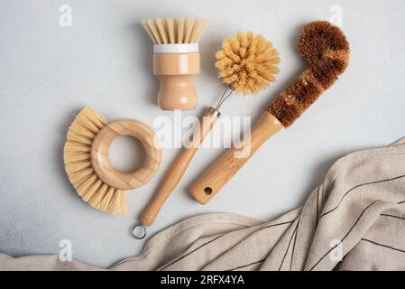 Dish Brushes. Zero waste kitchen cleaning concept. Eco friendly natural cleaning tools for sustainable life style. Stock Photo