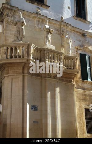 Lecce, Italy. The Propylaea entering Piazza del Duomo, with three statues of the Church Fathers. Stock Photo