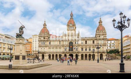 City hall in Praza de Maria Pita.  La Coruña, La Coruña Province, Galicia, Spain.  The statue on the left is of Maria Pita - whom the square is named Stock Photo