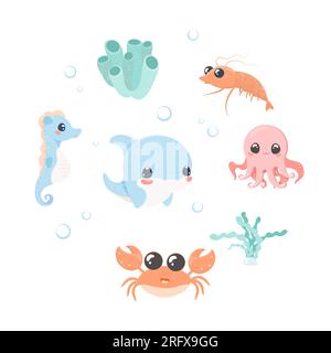 Sea creatures clip art set cute vector on white isolated background, shrimp, seaweed, coral, crab, dolphin, horsefish, octopus Stock Vector