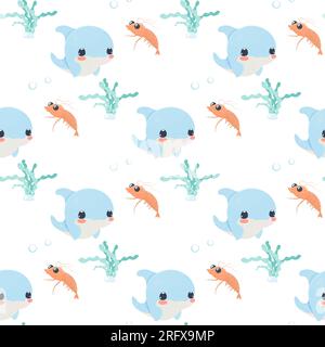 Sea creatures pattern seamless set cute vector on white isolated background, shrimp, seaweed, coral, crab, dolphin, horsefish, octopus Stock Vector