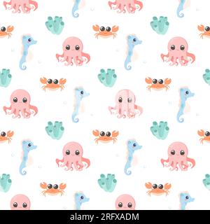 Sea creatures pattern seamless set cute vector on white isolated background, shrimp, seaweed, coral, crab, dolphin, horsefish, octopus Stock Vector