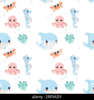 Sea creatures pattern seamless set cute vector on white isolated background, shrimp, seaweed, coral, crab, dolphin, horsefish, octopus Stock Vector