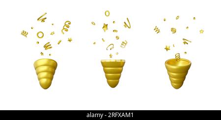 Cartoon 3D render set of gold party popper. Firecracker with flying confetti stars, spirals and ribbons. Vector illustration isolated on white Stock Vector