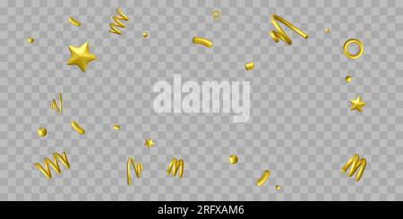 Golden confetti isolated on transparent background. 3D confetti template for birthday invitation, greeting cards and festive banners. Vector illustrat Stock Vector