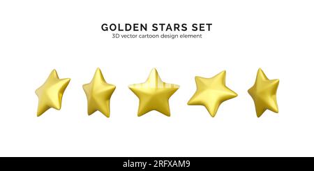 Golden stars collection. 3d stars render set for rang, rating, achievement. Realistic design element, confetti. Vector illustration isolated on white Stock Vector