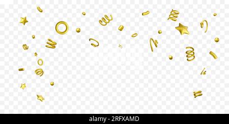 Holiday and anniversary confetti background. Falling gold decor elements stars and spirals. Design template for birthday party and other celebrations Stock Vector