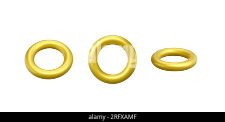 Golden metallic torus. Set of 3D torus objects. Donut realistic geometric shapes. Gold decoration design element. Vector illustration isolated on whit Stock Vector