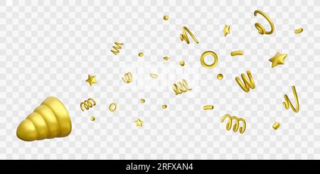 Party popper with golden confetti. Carnival and holiday greeting background. Happy birthday party illustration with 3D confetti explosion. Vector Stock Vector