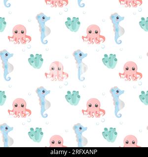 Sea creatures pattern seamless set cute vector on white isolated background, shrimp, seaweed, coral, crab, dolphin, horsefish, octopus Stock Vector