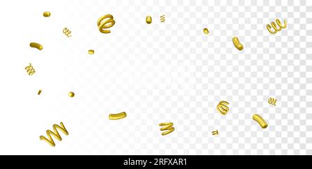 Carnival and birthday party background. Serpentine and 3D spirals with flying colorful confetti. Festival falling golden confetti isolated on transpar Stock Vector