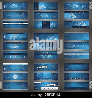 Mega Set of 27 Business Header, Card or Banner Designs with Arrows, Icons on Dark Blue Backgrounds, Multi Purpose Templates Stock Vector