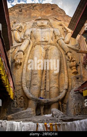 India, J&K, Ladakh, Mulbekh, ancient Chamba Maitreya Buddha carved in rock from inside temple Stock Photo